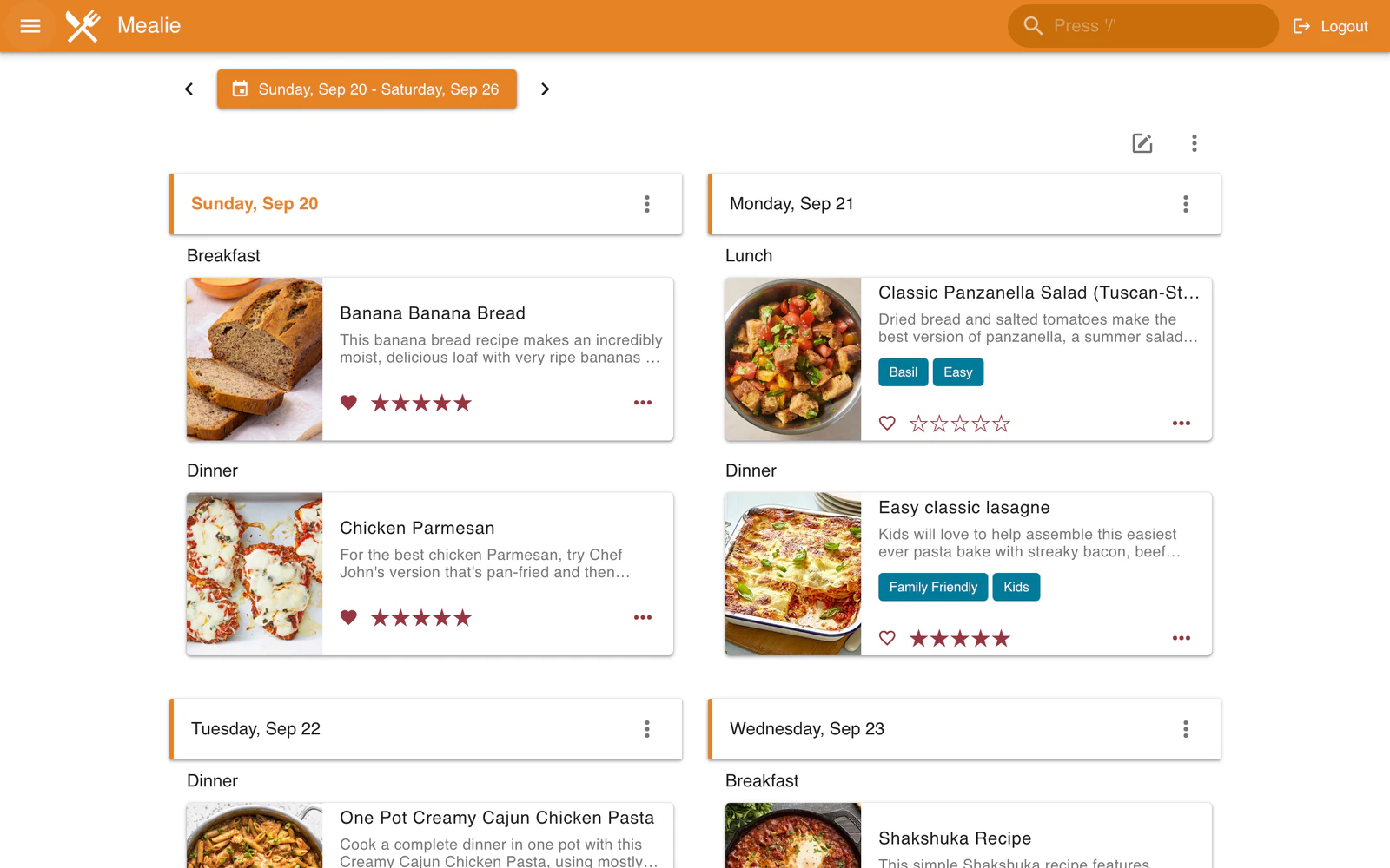 Mealie's meal planner, showing a week of breakfasts, lunches and dinners as recipe cards