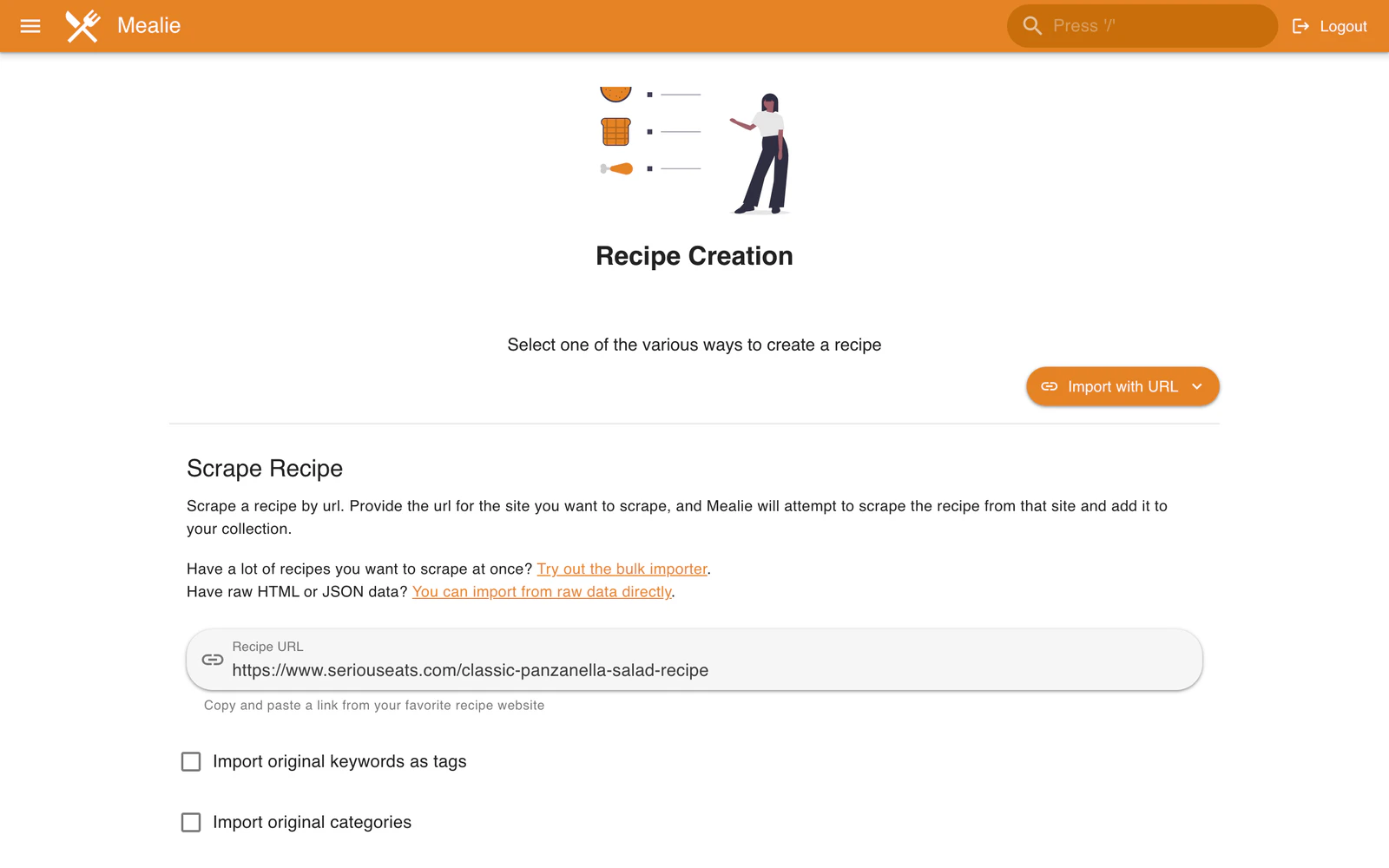 Mealie's recipe import screen, with a recipe URL pasted in ready to scrape