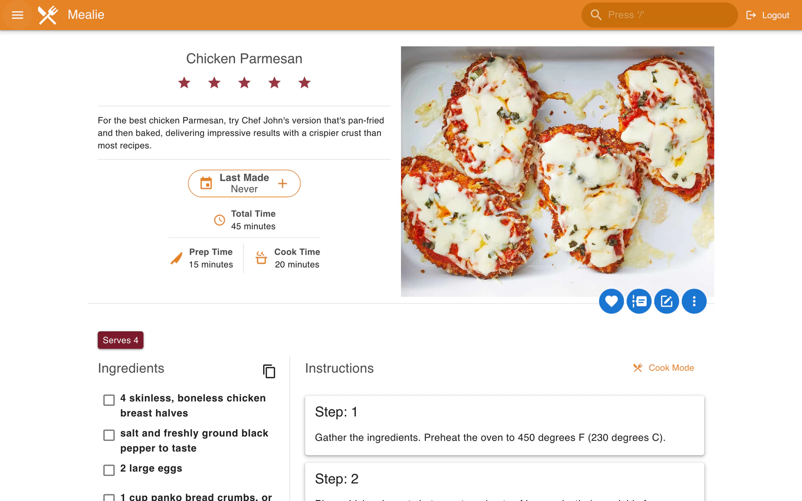 A Mealie recipe page for Chicken Parmesan, showing the photo, cook times, ingredients and step-by-step instructions